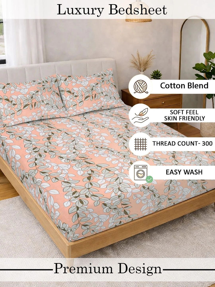 Myntra Elegant Homes Orange Floral 300 TC King Bedsheet with 2 Pillow Covers