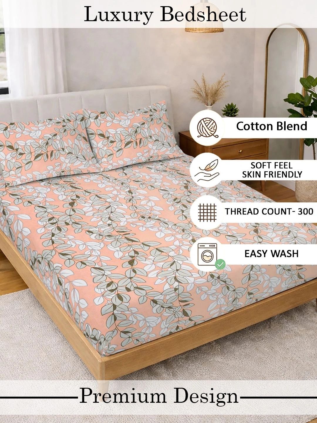 Myntra Elegant Homes Orange Floral 300 TC King Bedsheet with 2 Pillow Covers