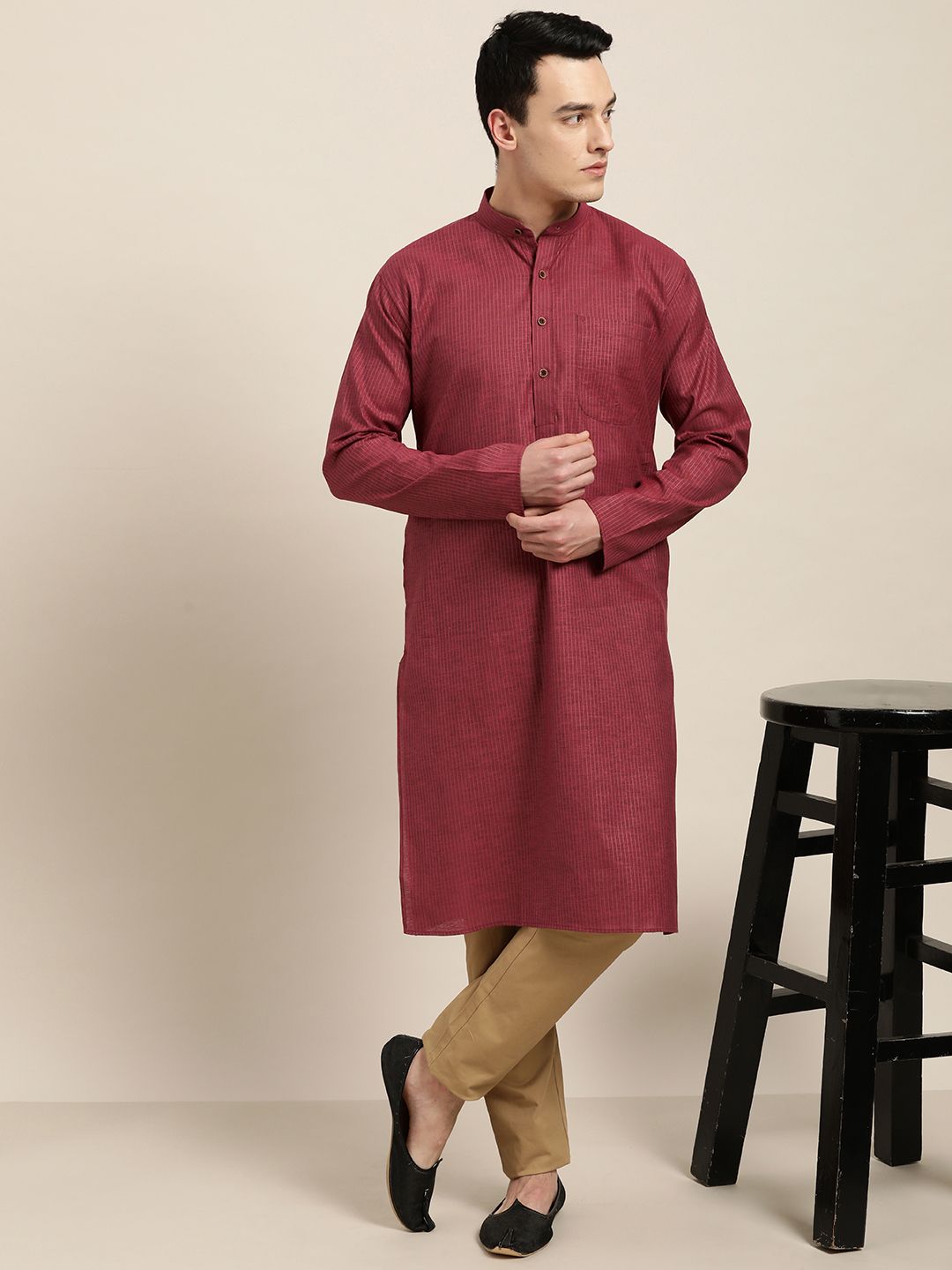 SOJANYA Kurta Lurus Belang Maroon Lelaki
