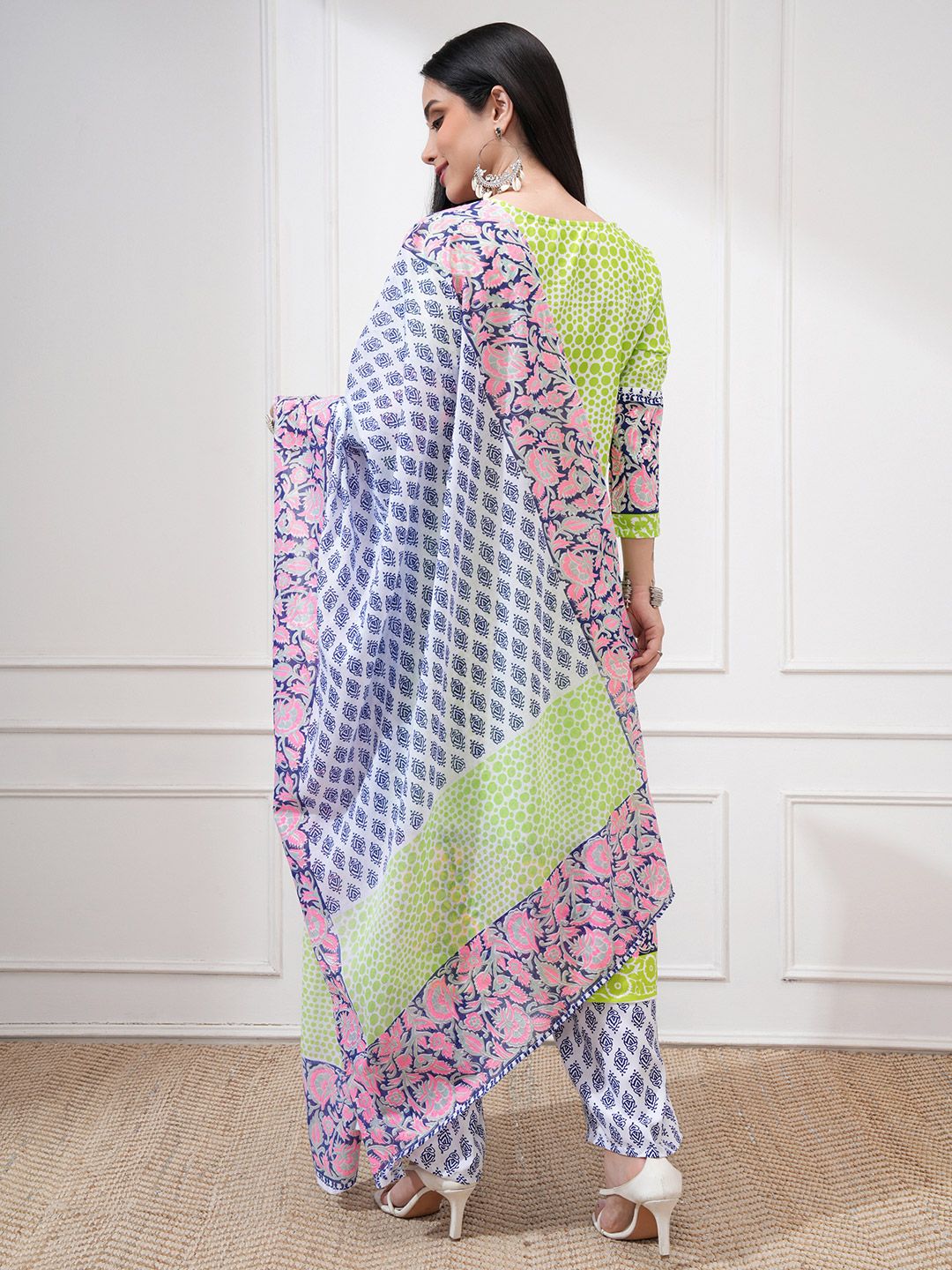 Vishudh Women Green Printed Kurti with Palazzos & With Dupatta