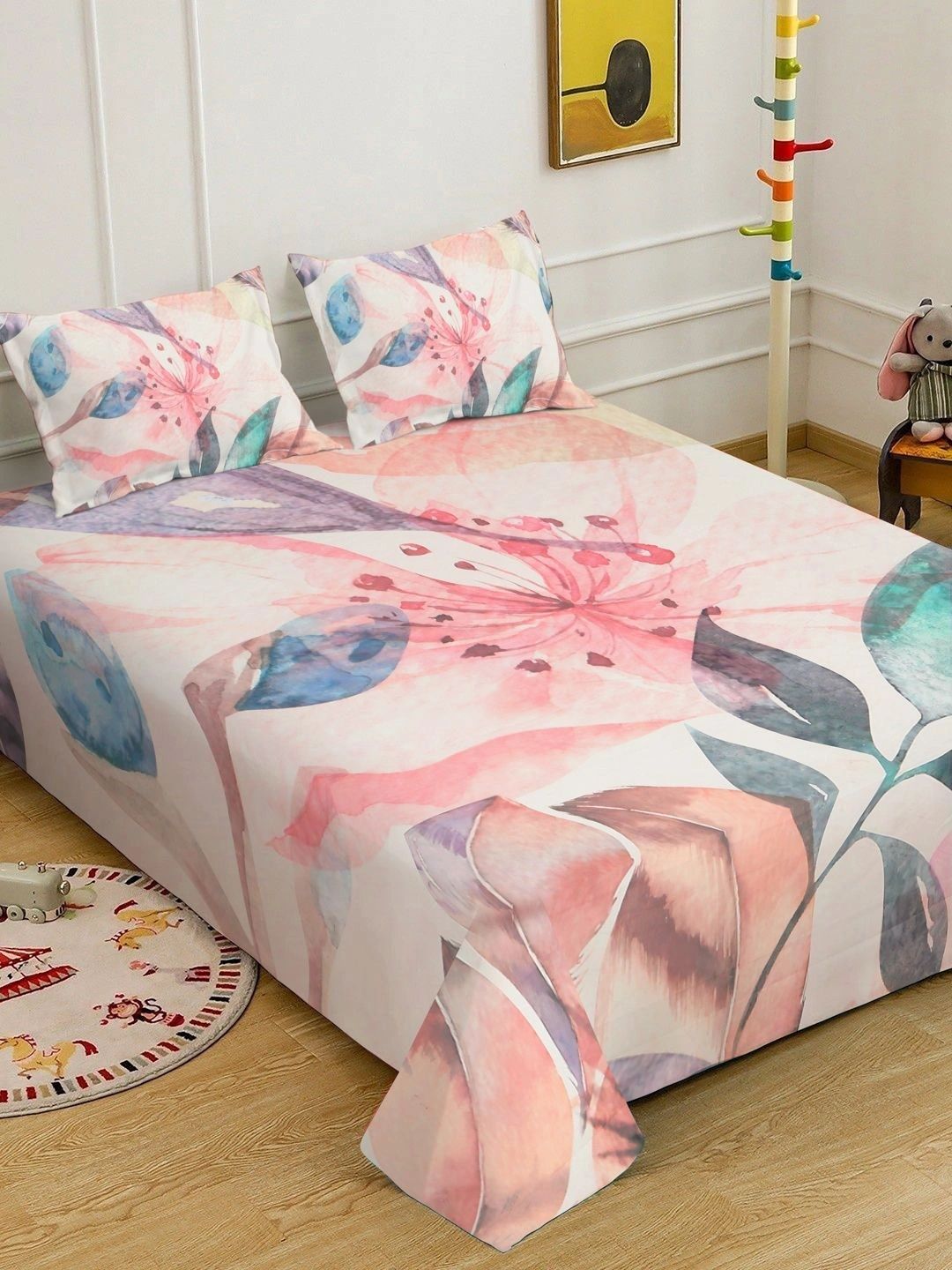 Moda Rapido X KLOTTHE Putih & Merah Jambu Bunga 400 TC Cadar King dengan 2 Sarung Bantal
