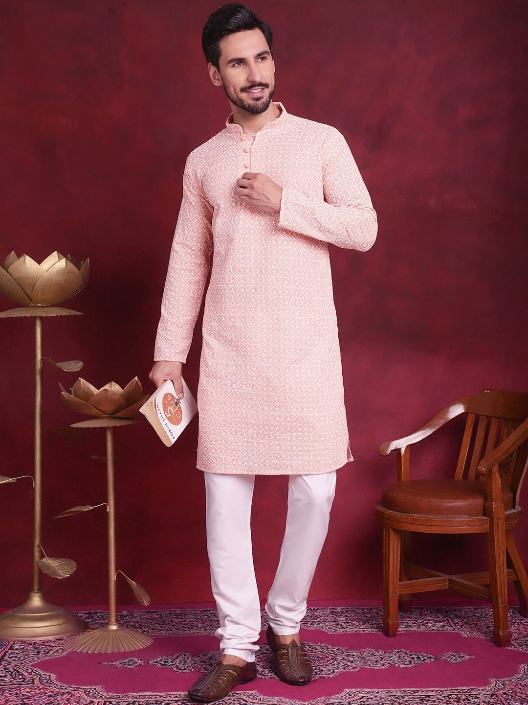 Jompers Floral Embroidered Chikankari Mandarin Collar Pure Cotton Kurta With Churidar