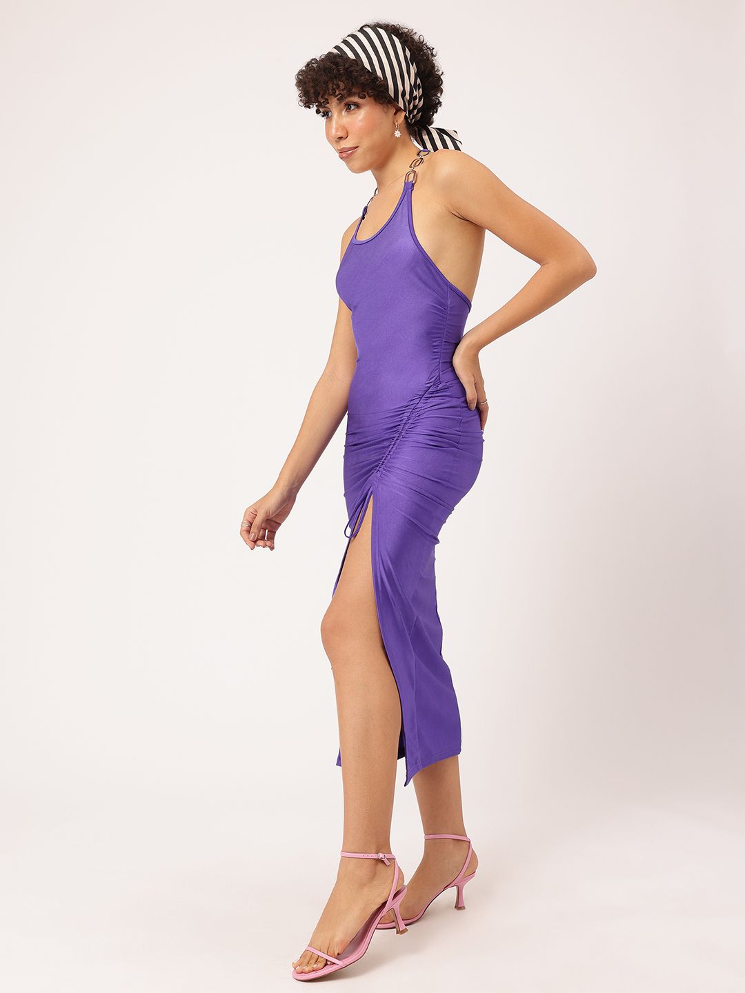 DressBerry Link-Up Halter Ruched Slit Sheath Midi Dress