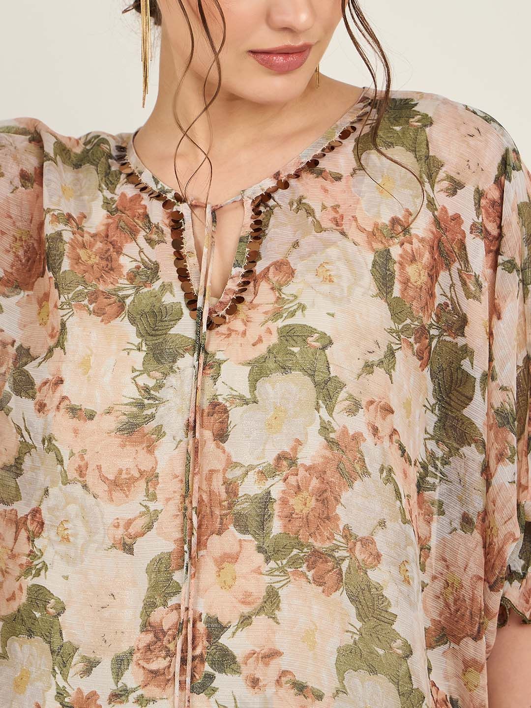 Antheaa Off White Floral Printed Tie Up Puff Sleeves Sequined Tunic With Trouser