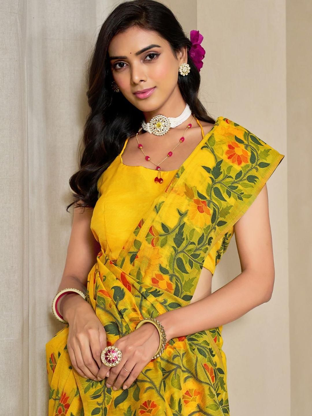 KALINI Yellow Pure Cotton Woven Design Sarees