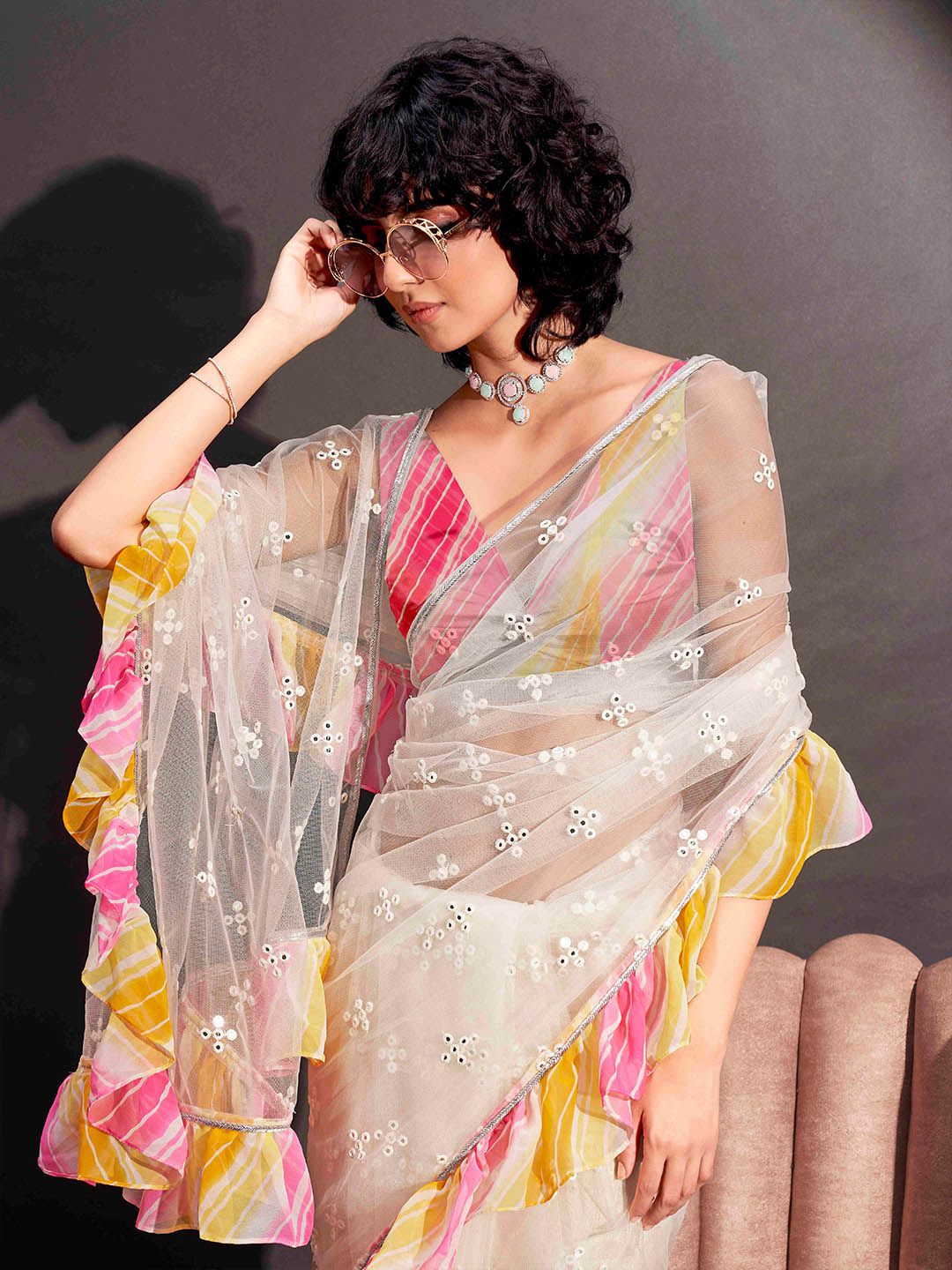 Tikhi Imli Mirror Work Net Saree