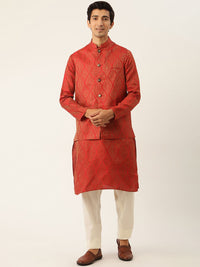 SOJANYA Set Kurta Motif Etnik Merah Lelaki Dengan Jaket Nehru