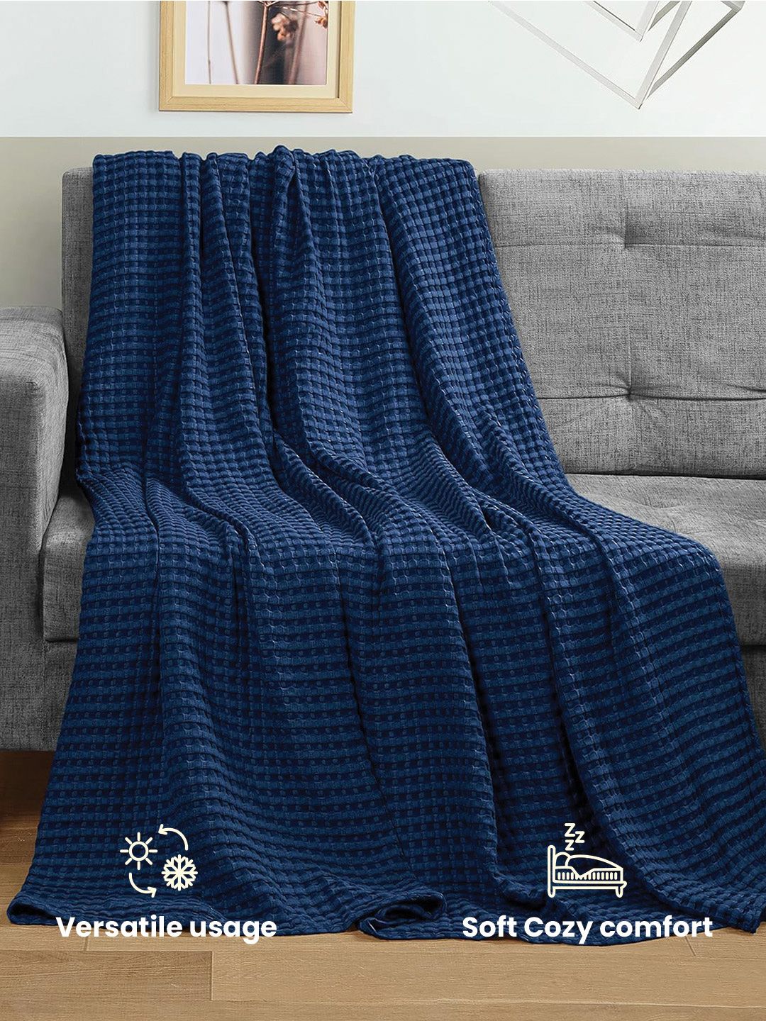 URBAN SPACE Navy Blue Checked AC Room 150 GSM Cotton Double Bed Waffle Weave Blanket