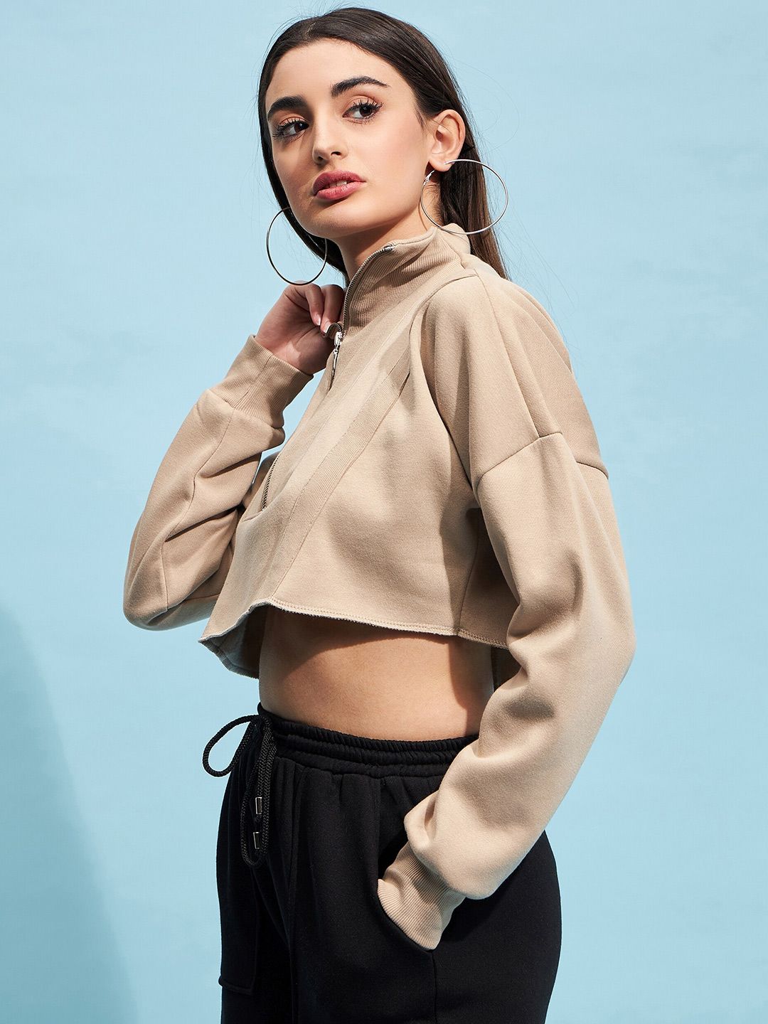 STREET 9 Beige Mock Collar Crop Pure Cotton Sweatshirt