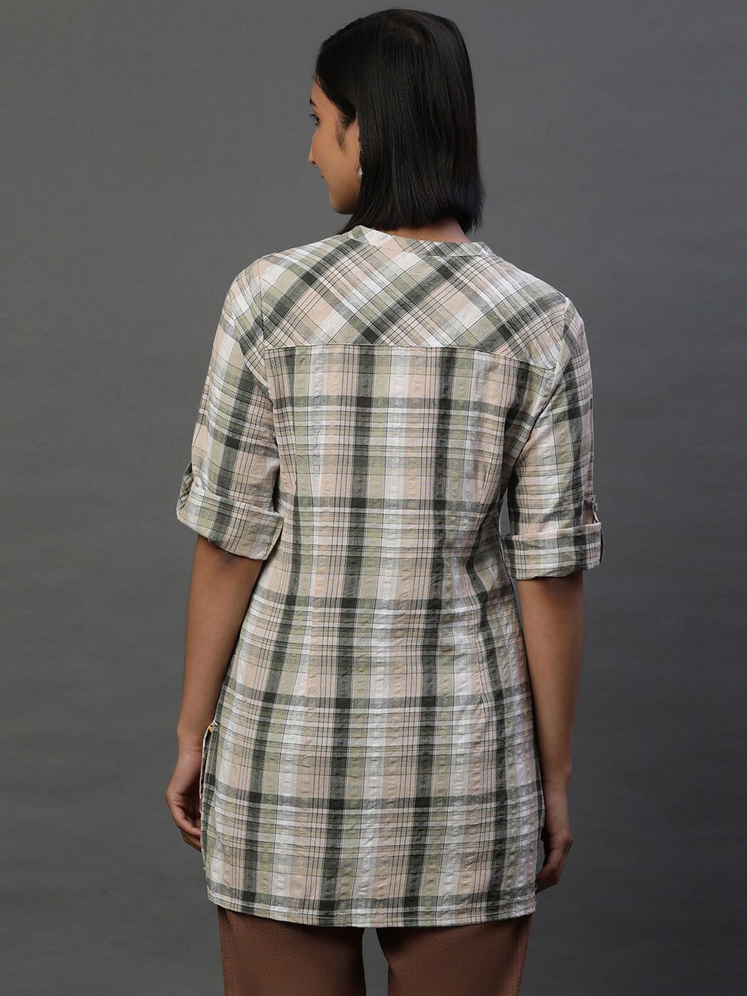 AURELIA Checked Mandarin Collar Pure Cotton Kurti