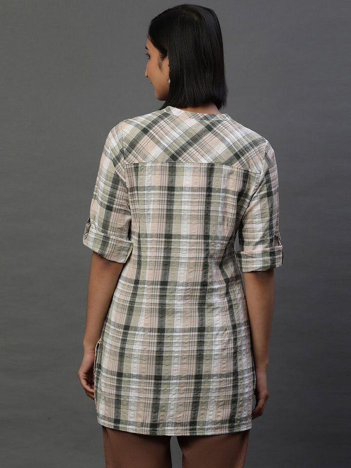 AURELIA Checked Mandarin Collar Pure Cotton Kurti