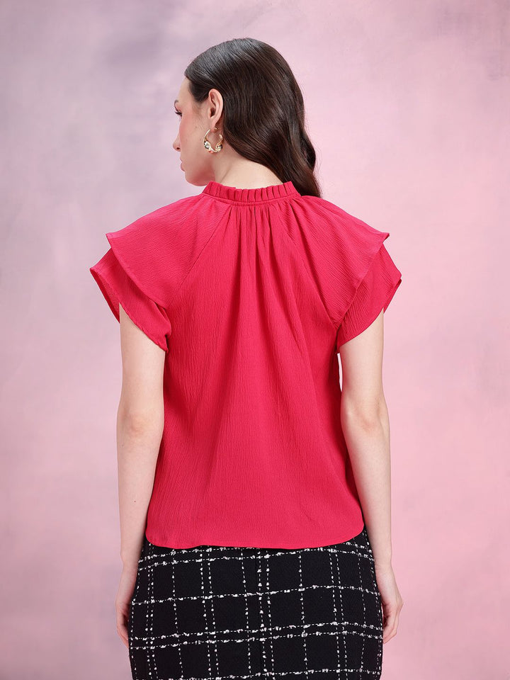DressBerry Crinkled Effect Tie-Up Neck Flutter Sleeves Top with Ruffled Detail