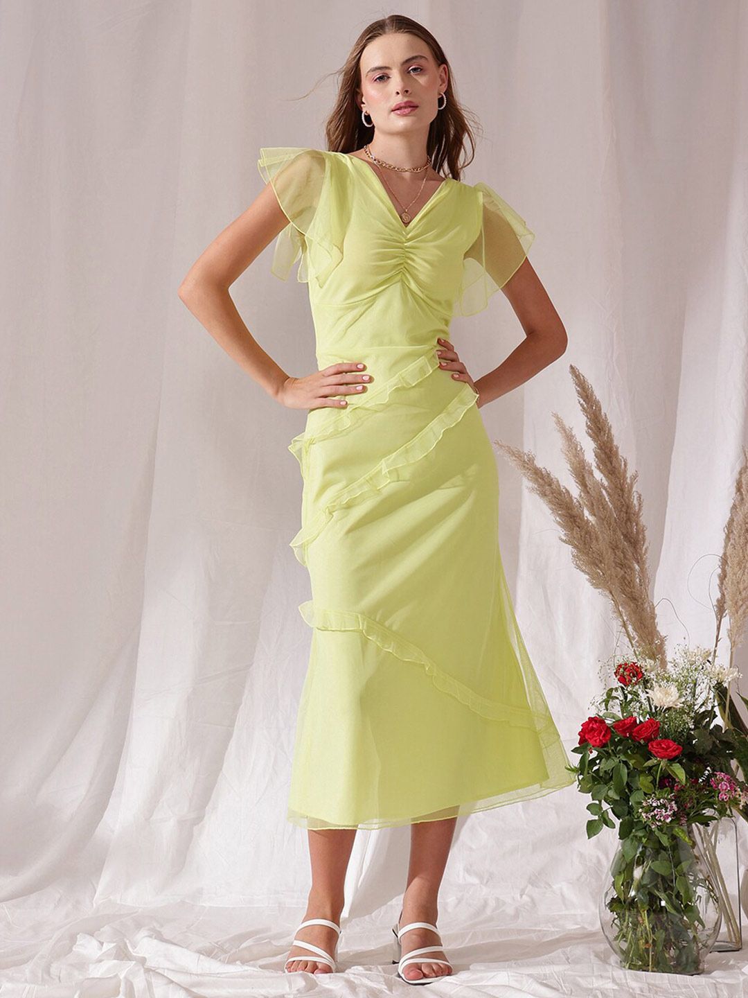 STREET 9 Flutter Sleeves Net Maxi A-Line Dress