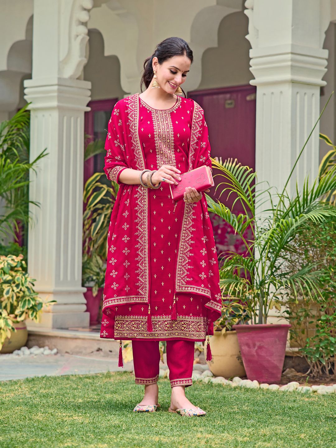KALINI Floral Embroidered Regular Sequinned Straight Kurta with Trousers & Dupatta