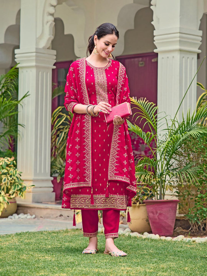 KALINI Floral Embroidered Regular Sequinned Straight Kurta with Trousers & Dupatta