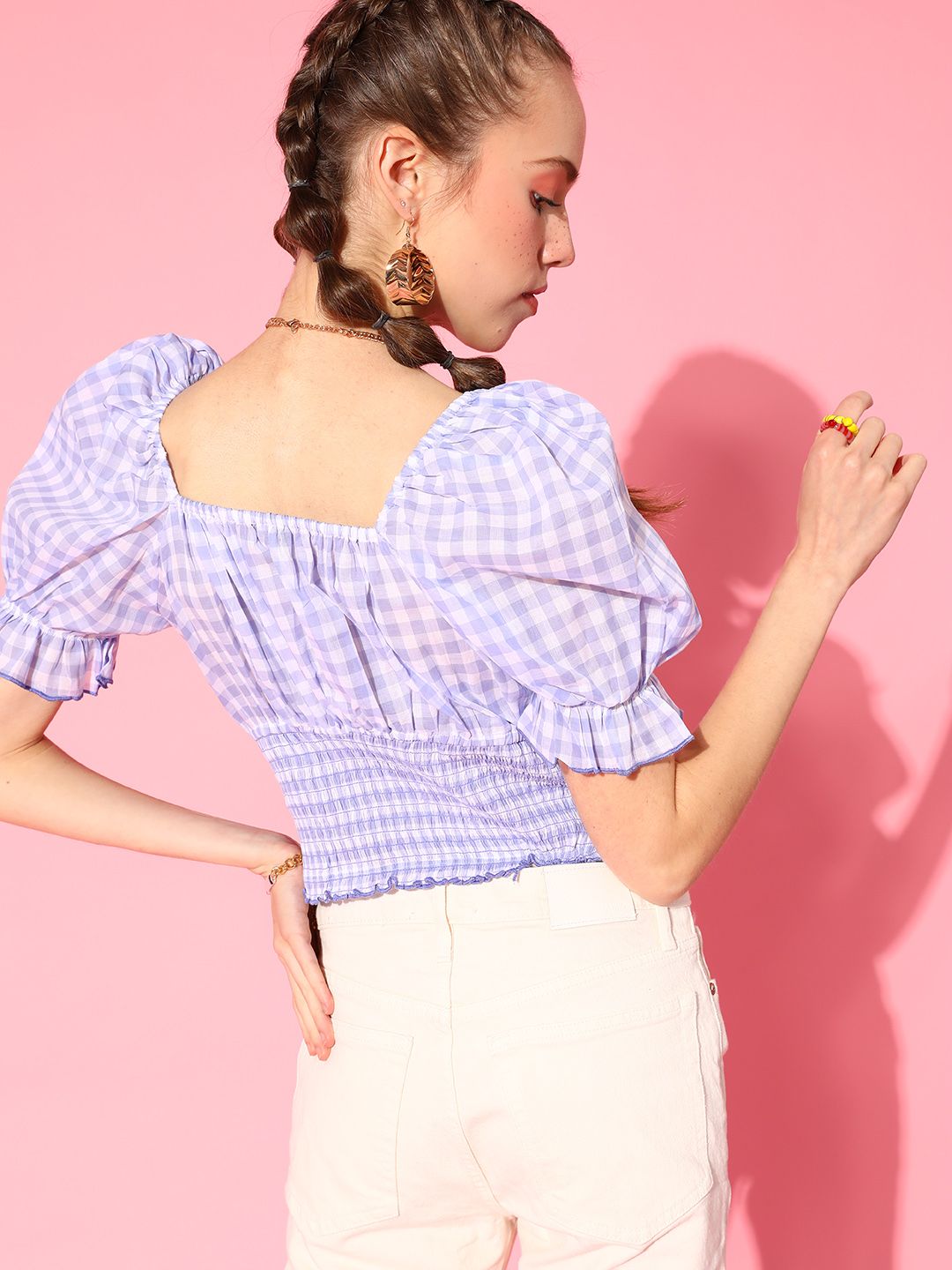 Antheaa Women Elegant Lavender Checked Summer Gingham Top