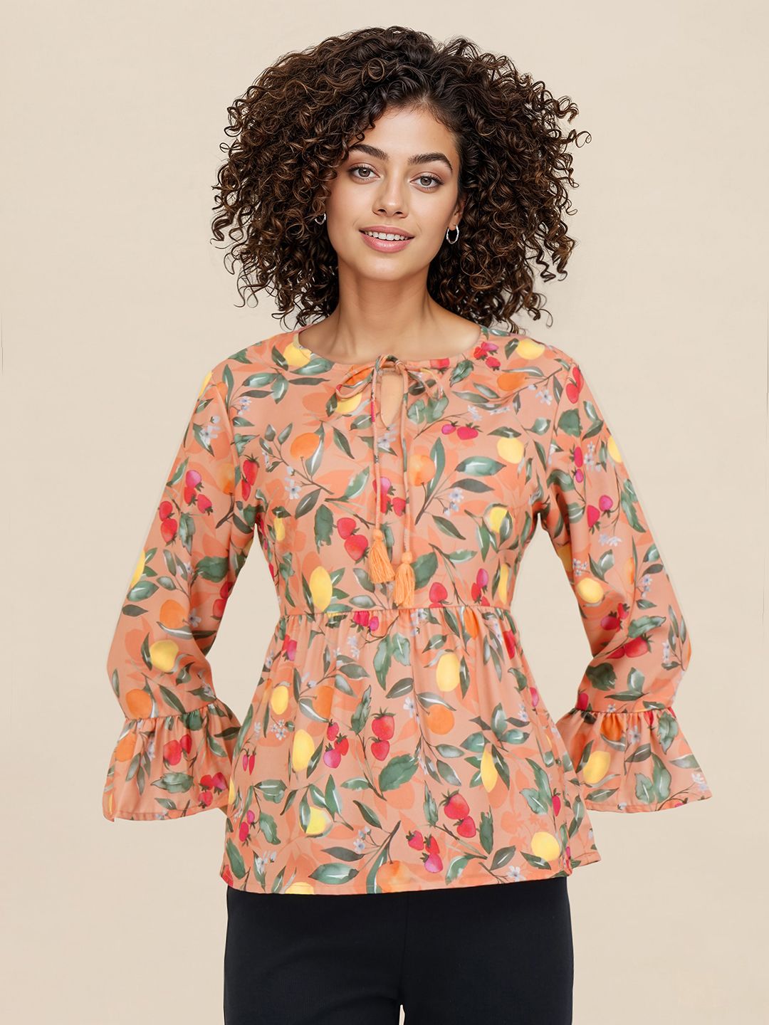 DressBerry Floral Printed Tie-Up Neck Bell Sleeve Peplum Top