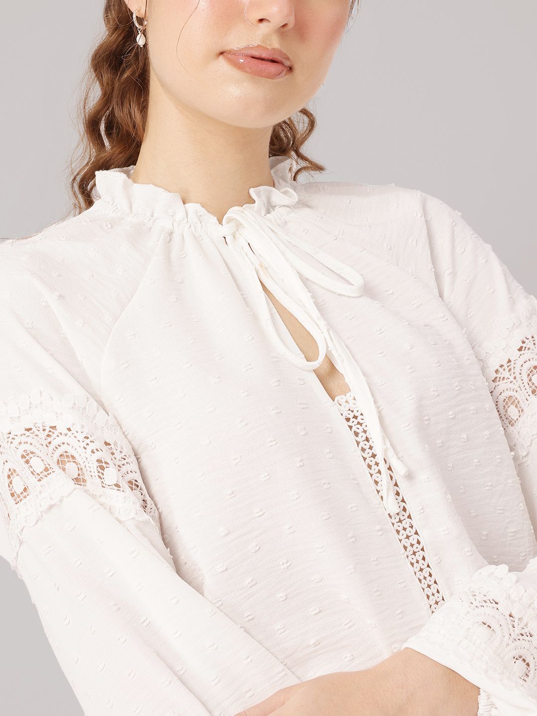 DressBerry Lace Tempt Tie-Up Neck Dobby Weave Top