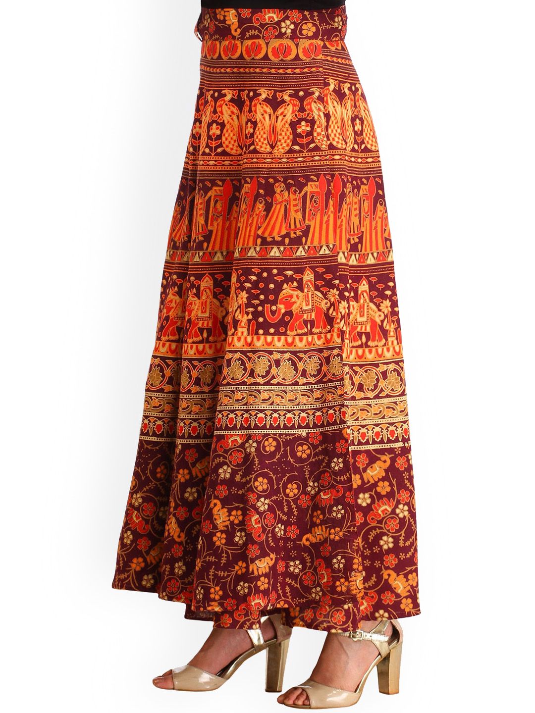 Exotic India Wrap around Long Skirt with Printed Wedding Scenes