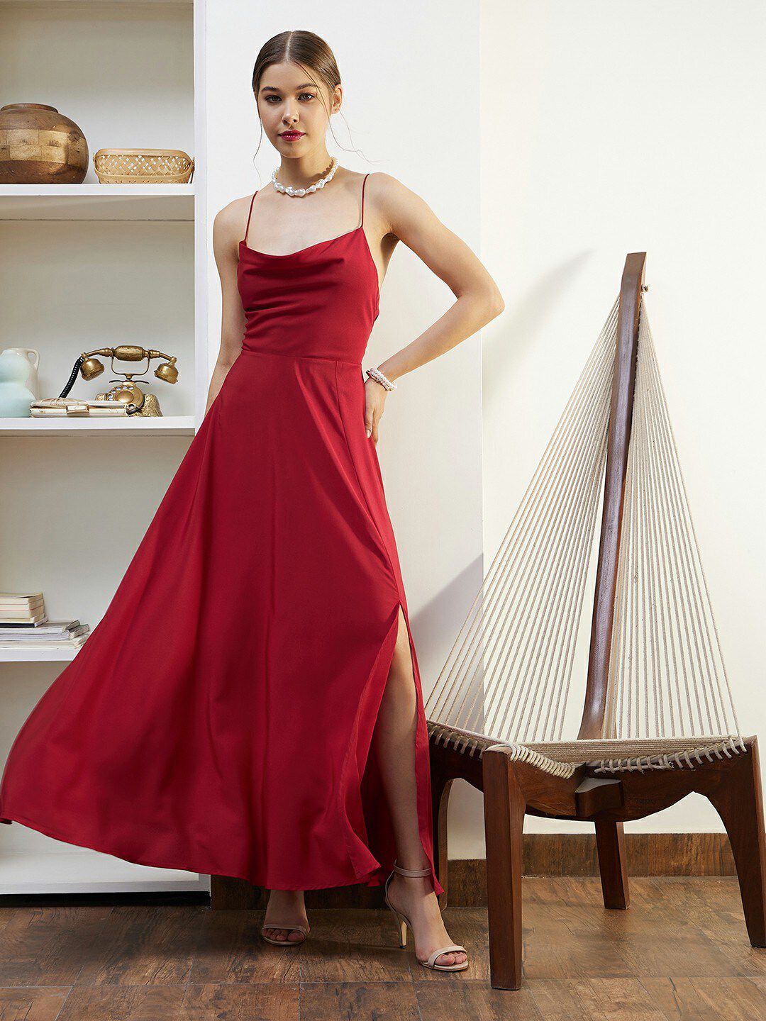 Berrylush Red Cowl Neck Shoulder Straps Lace Up Maxi Dress