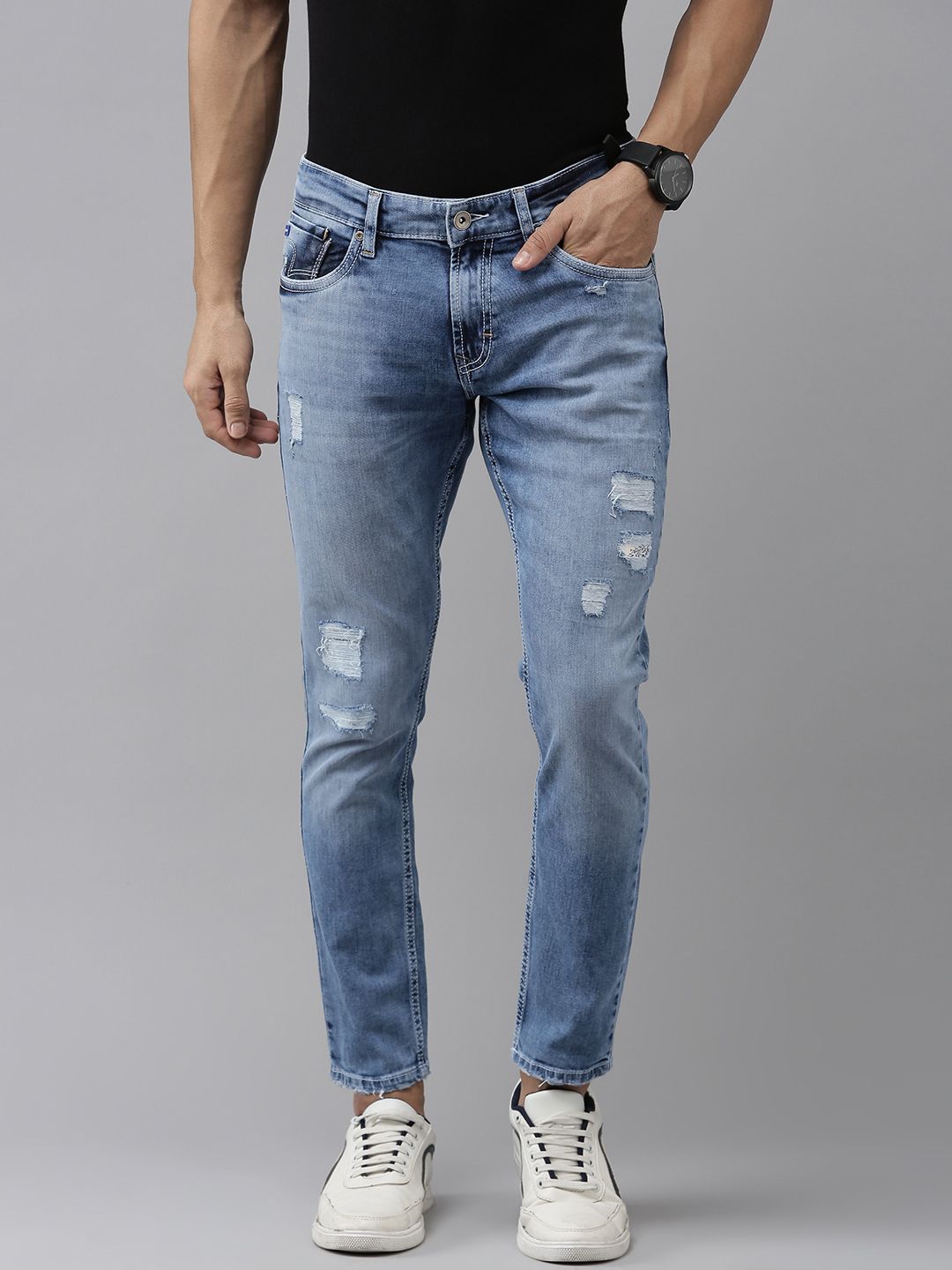 SPYKAR Men Slim Tapered Fit Mildly Distressed Light Fade Stretchable Jeans