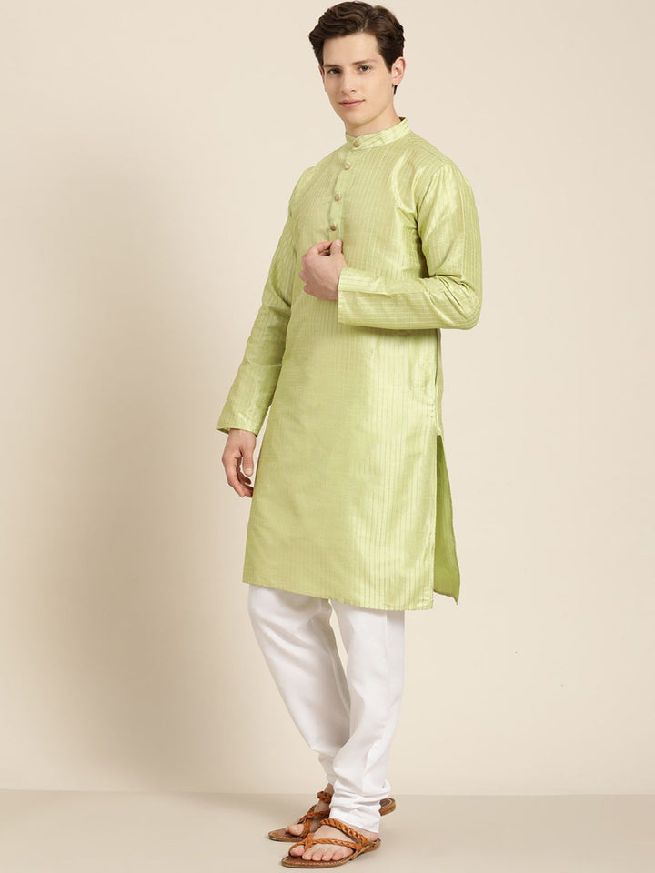 SOJANYA Lelaki Lime Green & Beige Striped Thread Work Straight Kurta Churidar Nehru Jaket