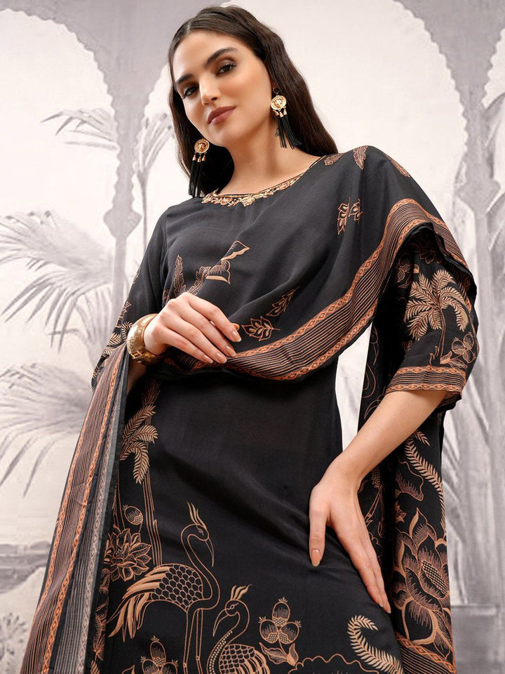 Vishudh Black Ethnic Motifs Printed Thread Work Regular Kurta with Trousers & Dupatta