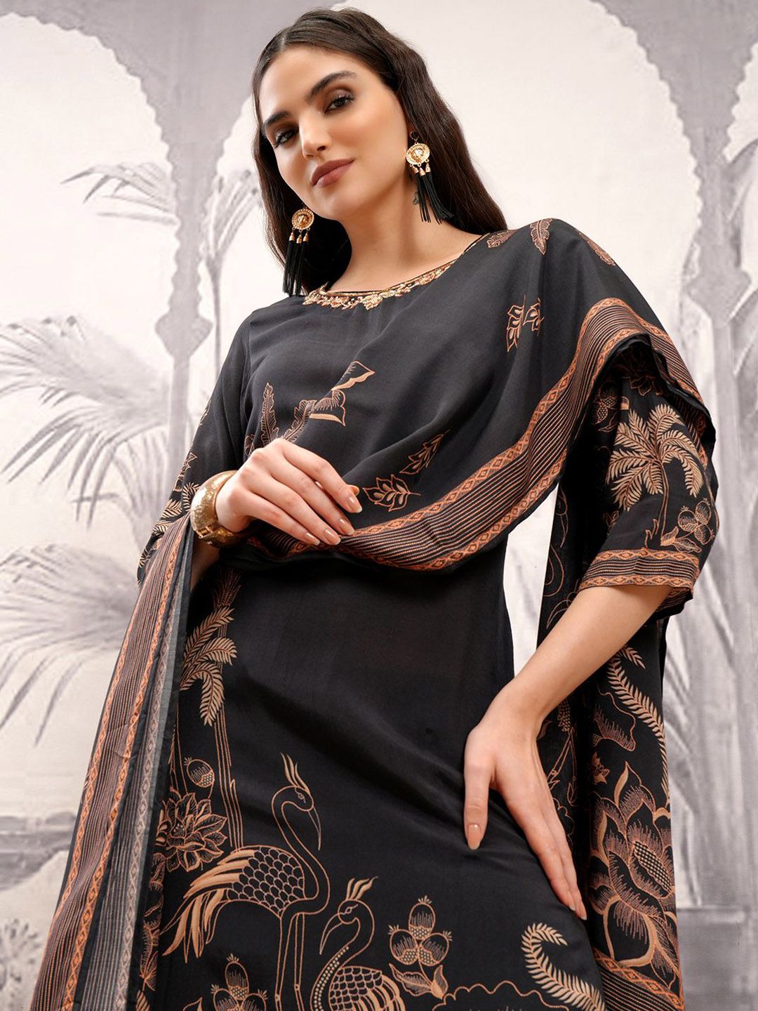 Vishudh Black Ethnic Motifs Printed Thread Work Regular Kurta with Trousers & Dupatta