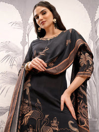 Vishudh Black Ethnic Motifs Printed Thread Work Regular Kurta with Trousers & Dupatta