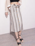 DressBerry Dark Academia Neutral Stripe Belted A-Line Skirt