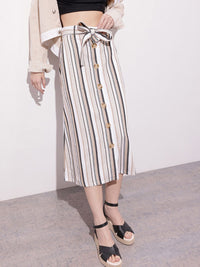 DressBerry Dark Academia Neutral Stripe Belted A-Line Skirt