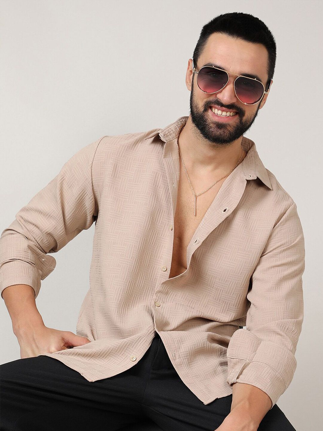 Campus Sutra Beige Classic Geometric Self Design Spread Collar Casual Shirt