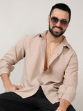 Campus Sutra Beige Classic Geometric Self Design Spread Collar Casual Shirt