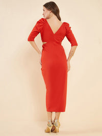 Antheaa Orange-Coloured V-Neck Cut-Out Detailed Ruched Sheath Midi Dress
