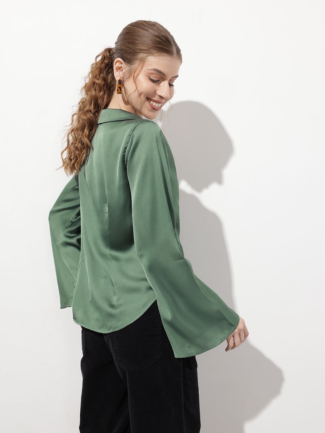 DressBerry Satin Attitude Lapel Collar Flared Sleeves Drama Shirt