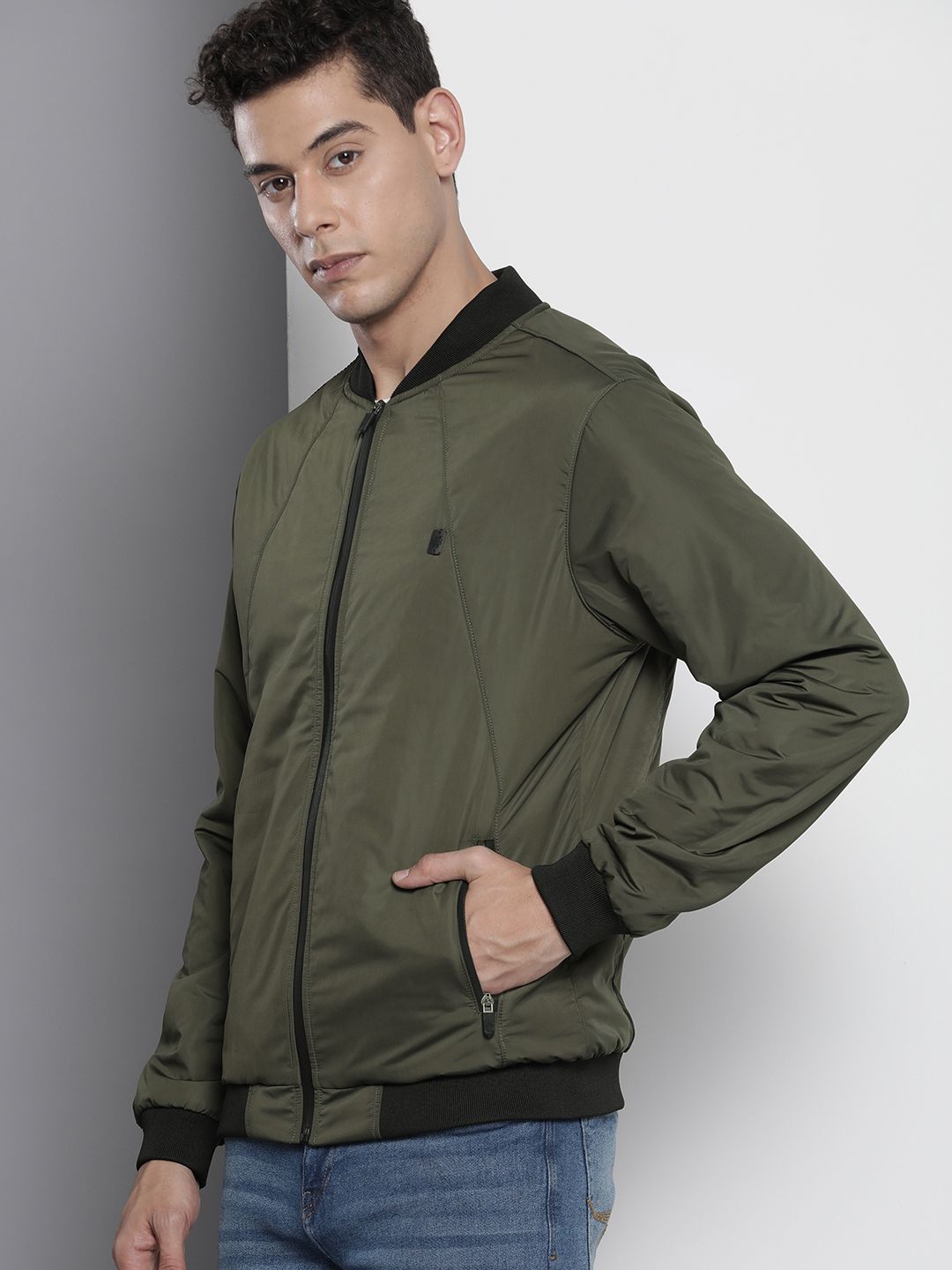 The Indian Garage Co Men Slim Fit Zip-Front Bomber Jacket with Zip Pockets