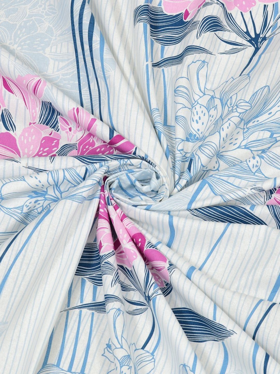 BOMBAY DYEING Pink & Blue Floral Pure Cotton 120 TC Queen Bedsheet Set 2.24 x 2.54 Mts