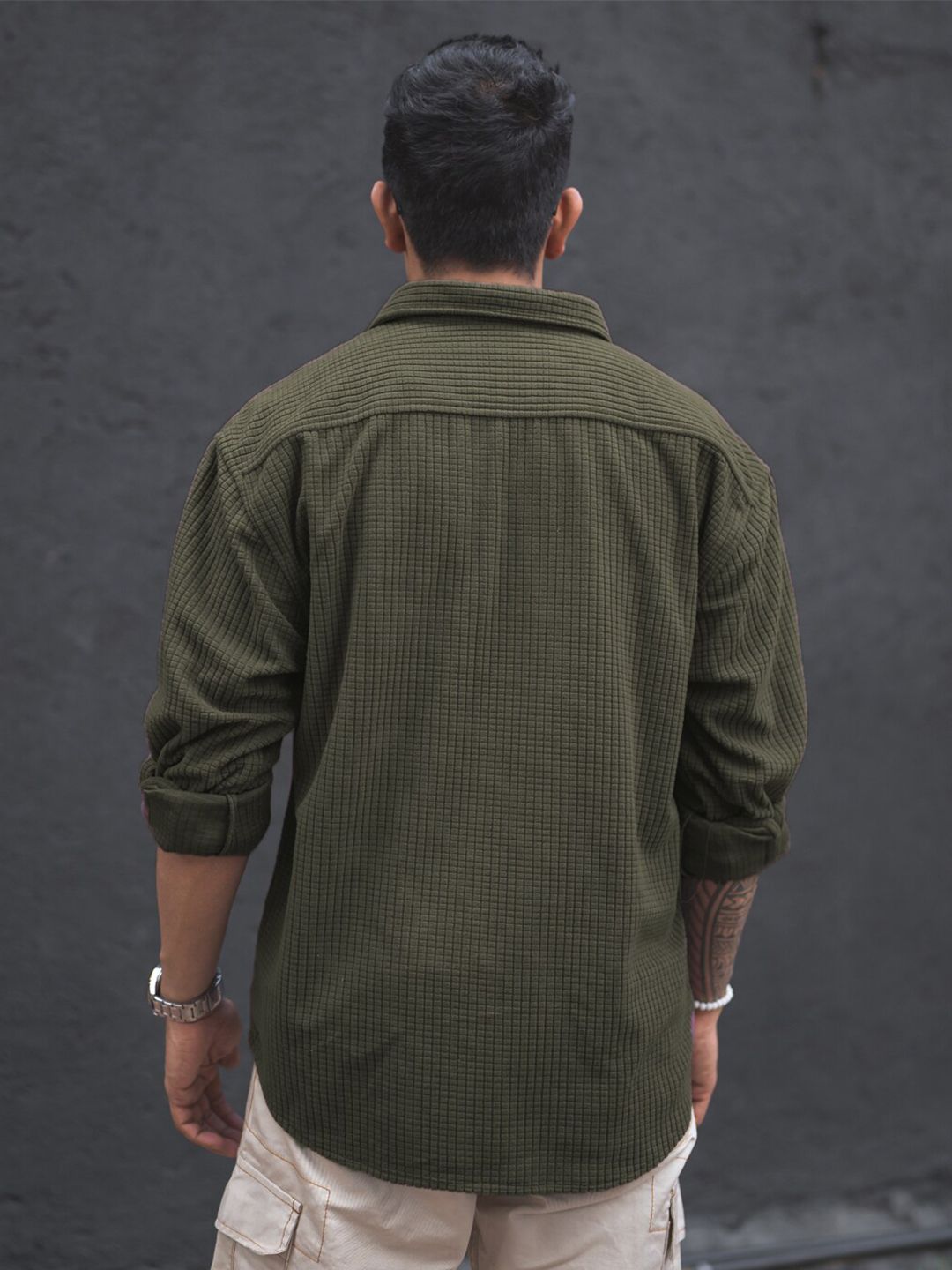 Powerlook Olive Green India Slim Textured Oversized Spread Collar Casual Shirt
