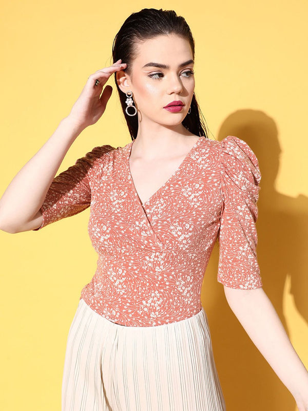 Berrylush Rust Brown & Off White Floral Print Wrap T-shirt