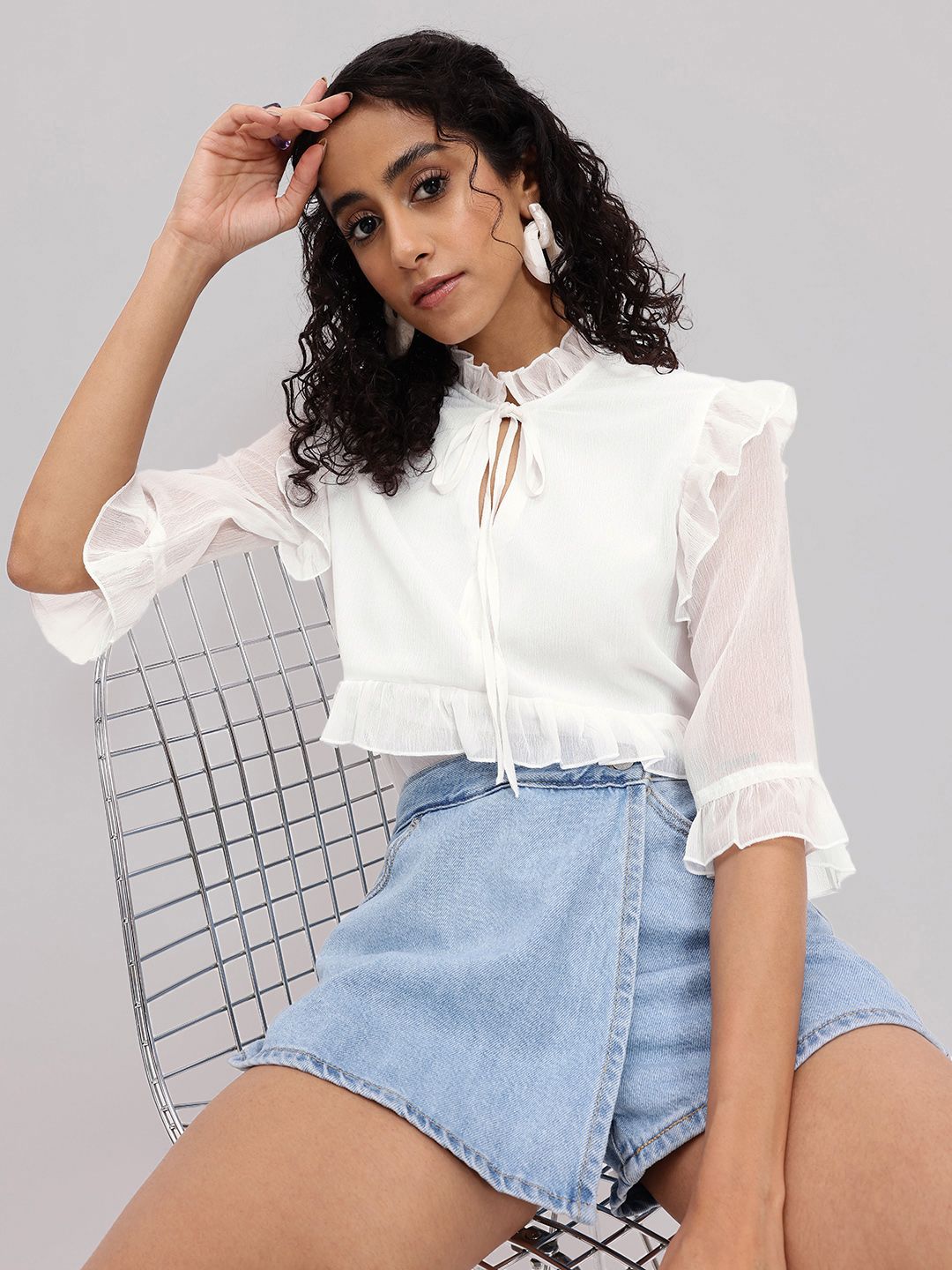 DressBerry Romantic Ruffles Strike Tie-Up Neck Bell Sleeves Top