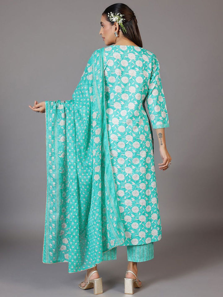 Libas Floral Printed V-Neck Thread Work Kurta With Trousers & Dupatta