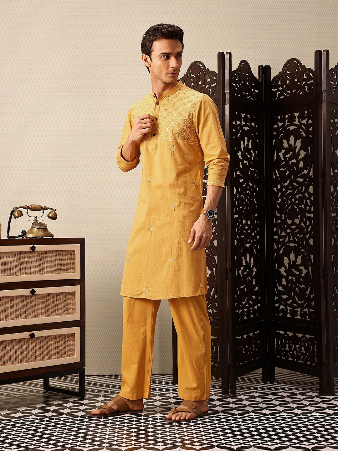 House of Pataudi Hand crafted chikankari pure cotton Jashn kurta paired with matching pyjama trousers