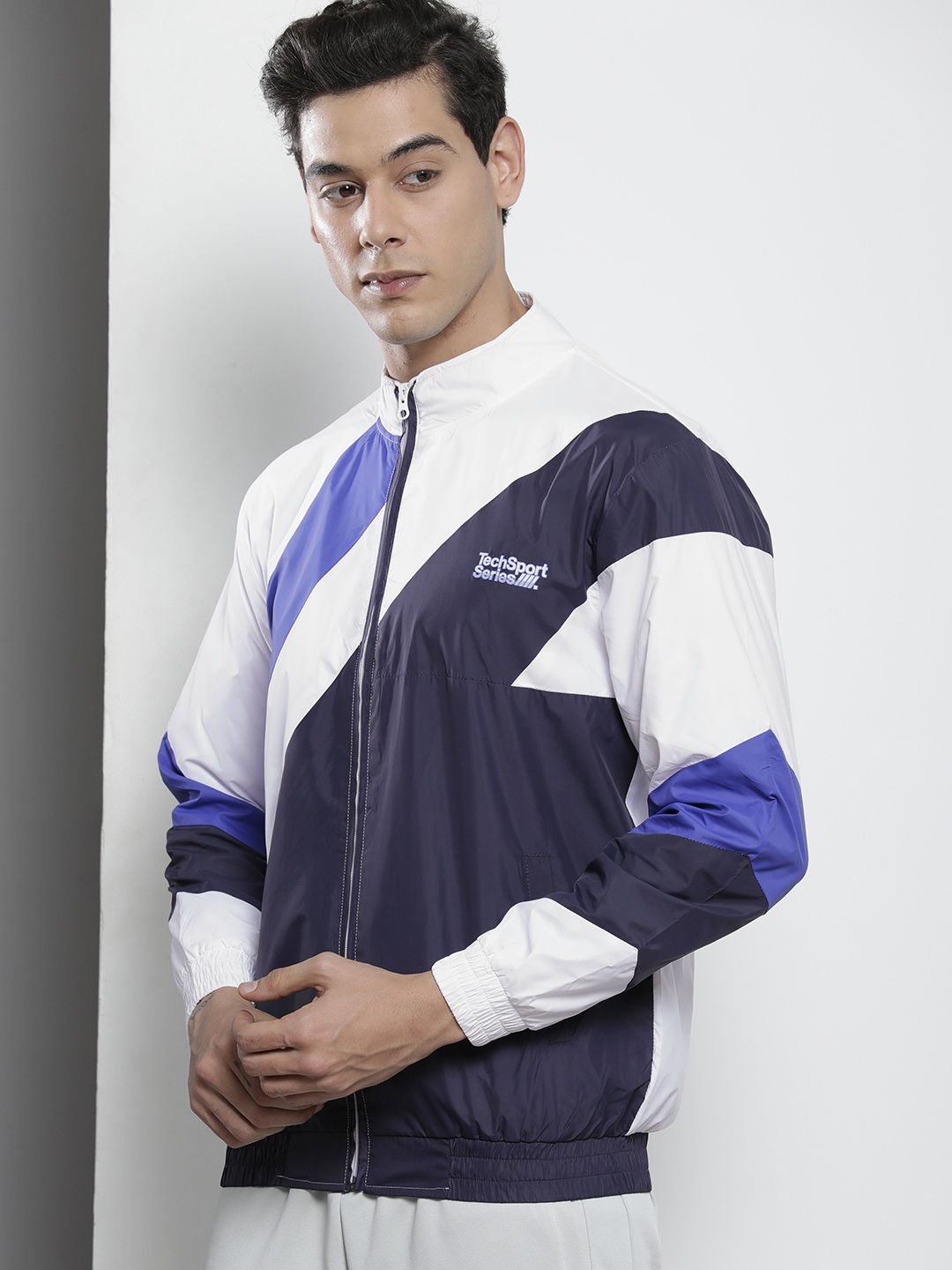 The Indian Garage Co Men White & Blue Striped Windcheater Outdoor Tailored Jacket