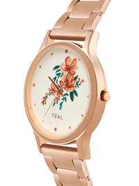 Teal oleh Chumbak Women White Printed Dail & Rose Gelang Gelang berlapis Emas Tali Analog Watch