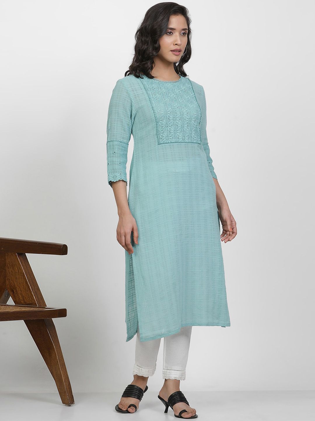 W Women Checked Straight Pure Cotton Kurta