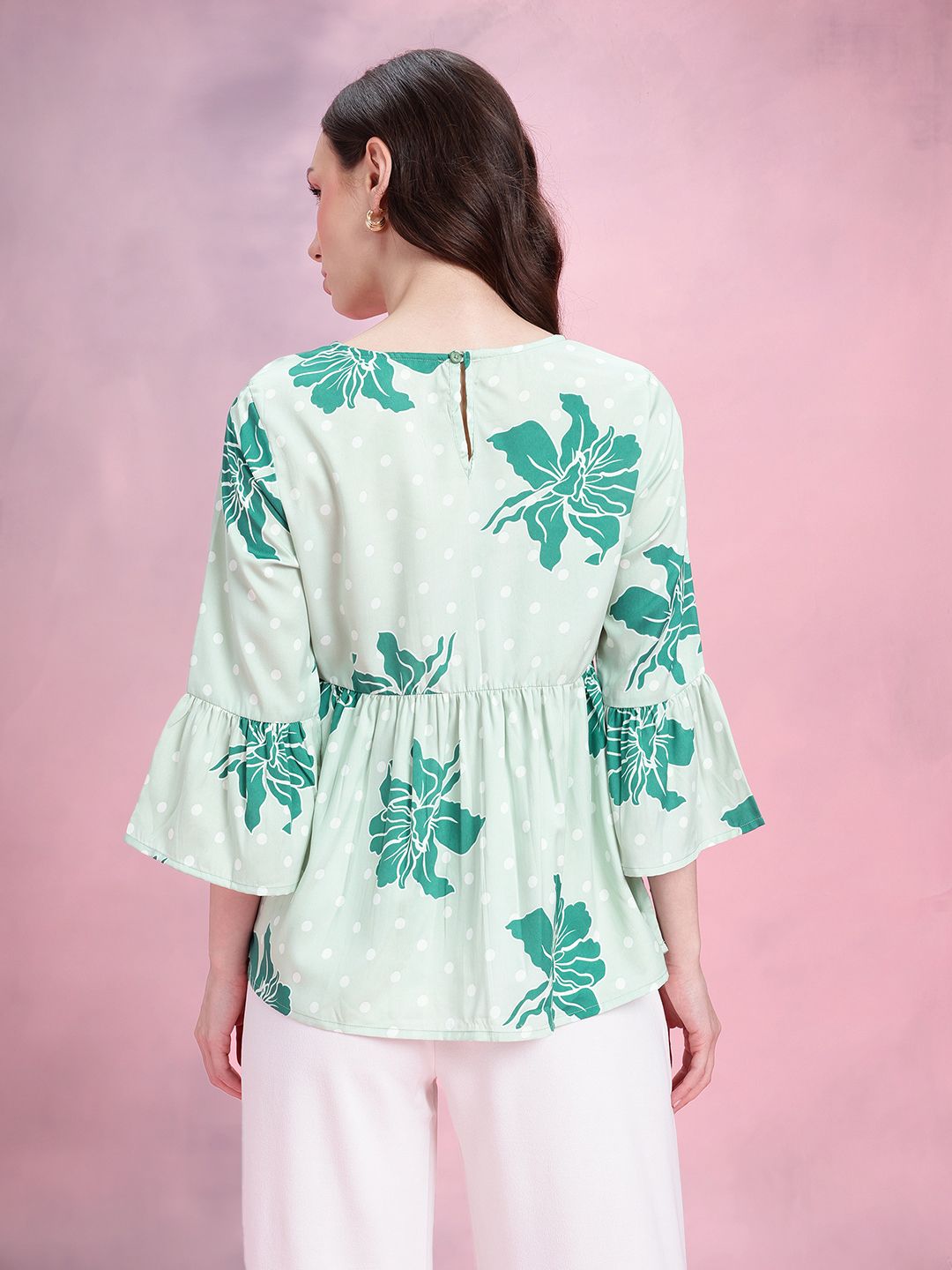 DressBerry Floral Print Gathered Detail Bell Sleeves Peplum Top