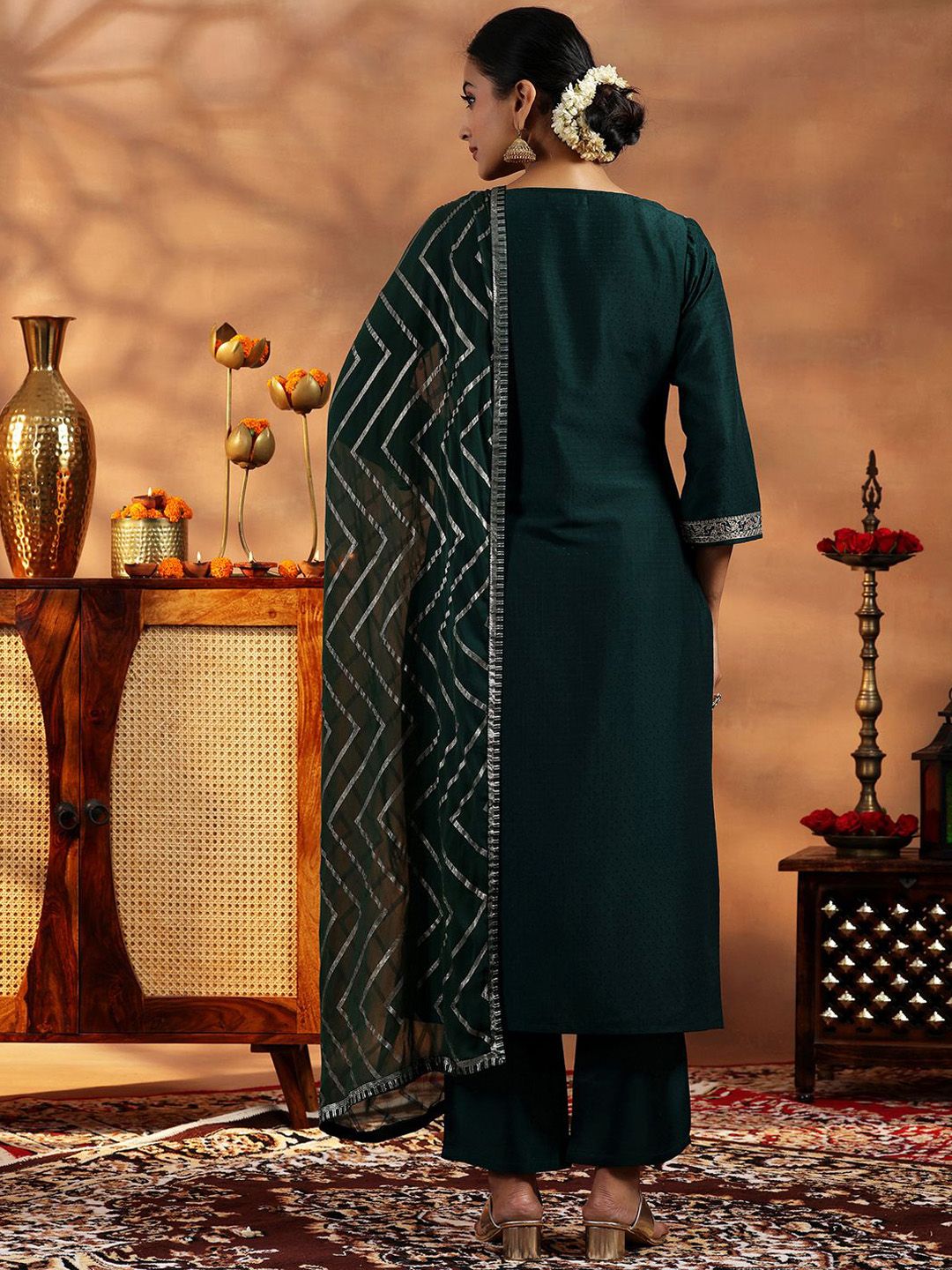 Libas paisley bersulam kerja zari dobby menenun kurta lurus dengan seluar & dupatta