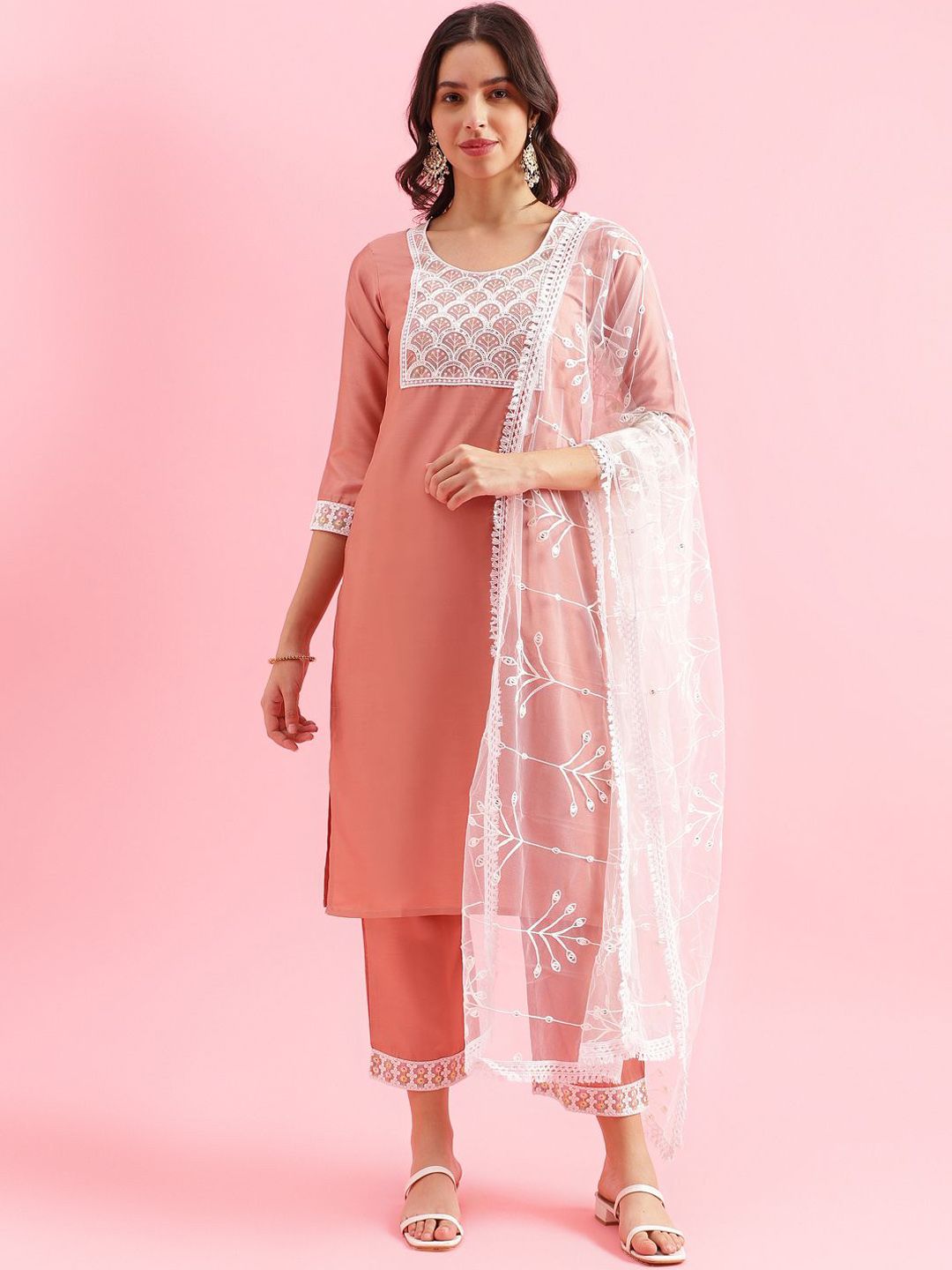 KALINI Floral Yoke Design Straight Thread Work Kurta with Trousers & Dupatta