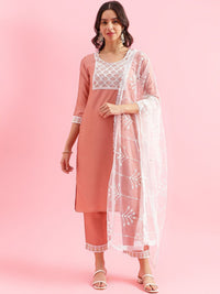 KALINI Floral Yoke Design Straight Thread Work Kurta with Trousers & Dupatta