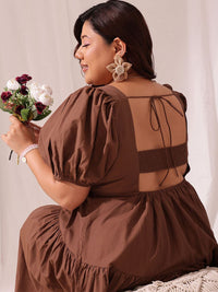 Curvy Street Plus Size Puff Lengan Kapas Fit & Flare Dress